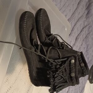 Minnetonka Black Fringe Lace-Up Boots